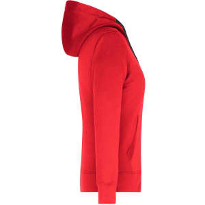 A red ladies hooded jacket with a front pocket and a logo on the side, featuring a simple, stylish design.