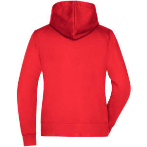 A red hooded jacket with a smooth finish and a logo on the back. Features a simple design and long sleeves.