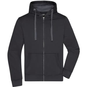 A men's hooded jacket in black with a zip front, featuring a grey-lined hood and front pockets. It has a logo.