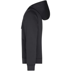 A men's hooded jacket in black, featuring a front pocket and a logo on the side.