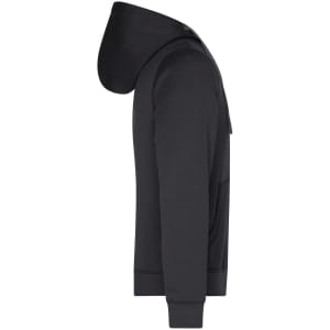 A black hooded jacket featuring a front pocket, designed as a men's jumper. It has a logo on the front.
