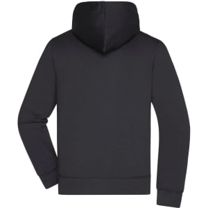 A men's hooded jacket in black, featuring a simple design with a hood and long sleeves, and a branding logo.