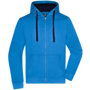 A bright blue men's hooded jacket with a zip front and two pockets. Features a contrasting navy hood.
