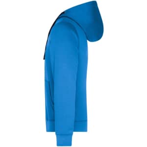 A blue hooded jacket featuring a front pocket and a logo. The fabric appears soft and comfortable.