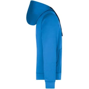 A blue men's hooded jacket displayed from the side, featuring a front pocket and a logo on the chest.