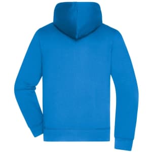 A blue men's hooded jacket with a back view, featuring long sleeves and a hood. Includes a logo.