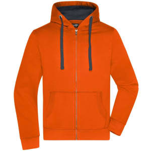 A men's hooded jacket in bright orange with a contrast navy blue inner hood and zip front closure. It features a logo.