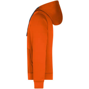 An orange hooded jacket with a front pocket and a blue-lined hood, featuring a logo.