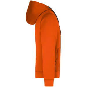 An orange men's hooded jacket with a front pocket and a hood. It features a logo on the chest.