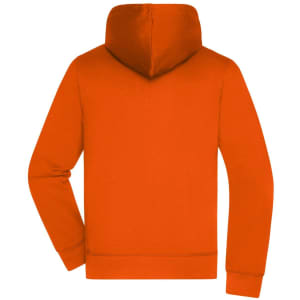 An orange men's hooded jacket with a kangaroo pouch and a logo at the back.
