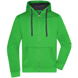 A green hooded jacket with a front zip, dark grey interior, and pockets. It features a logo on the chest area.