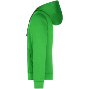 A bright green men's hooded jacket featuring a front pocket and a logo on the chest.