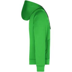A green hooded jacket with a front pocket and a logo on the side.