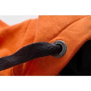 An orange hooded jacket with a black drawstring and a branded metal eyelet.