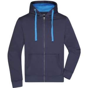 A navy hooded jacket featuring a blue interior and drawstrings, with a zip front and front pockets.