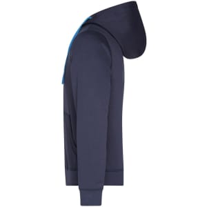 A navy men's hooded jacket featuring a blue drawstring and a front pocket, with a side view showcasing the fit.