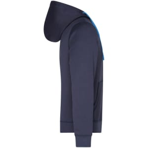 A navy hooded jacket featuring a contrasting blue hood, with a kangaroo pocket and ribbed cuffs.