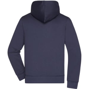 A navy men's hooded jacket with a plain design and a hood, featuring long sleeves and a fitted waist.