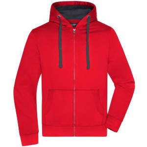 A red hooded jacket with a contrasting dark grey inner hood and a front pocket. It features a zip closure and drawstrings.