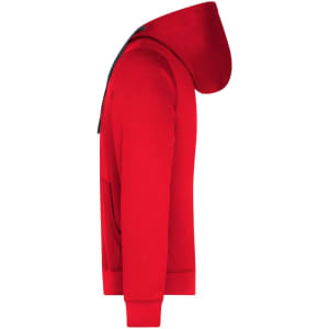 A red hooded jacket with a front pocket, featuring a black-lined hood and a sleek design.