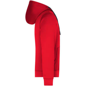 A red men's hooded jacket, featuring a front pocket and a hood, shown from the side. The product has a logo.