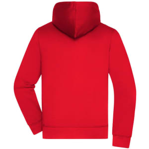 A red hooded jacket with long sleeves and a simple design, featuring a hood at the back.
