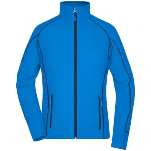 A blue polar fleece jacket featuring a full zip and black detailing, with two zippered front pockets.