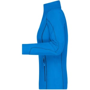 A blue women's fleece jacket featuring a zippered pocket and sleek design, with a branded logo on it.