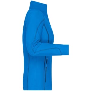 A side view of a vibrant blue ladies' polar fleece jacket featuring a zip pocket and a high collar.