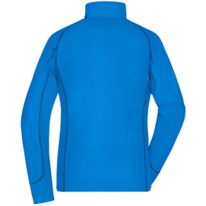 A blue polar fleece jacket featuring a high collar and contrasting seams. The jacket has a logo on it.