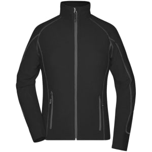 A black fleece jacket featuring a zip front and side pockets, with contrasting stitching and a logo.