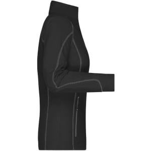 A black ladies' polar fleece jacket with a zippered pocket and a fitted design. It has a logo on the chest.