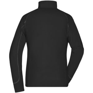 A black polar fleece jacket with a high collar and long sleeves, featuring a branded logo.
