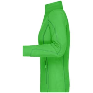 A ladies' polar fleece jacket in bright green with a side view, featuring a zip pocket and a high collar.