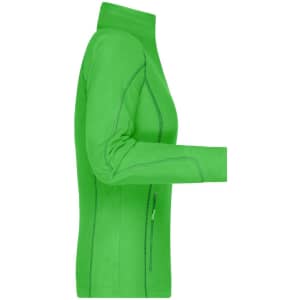 A green polar fleece jacket with a zip and sleek side design, featuring a logo.