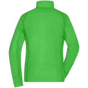 A polar fleece jacket in bright green with a high collar and long sleeves, featuring a logo on the back.
