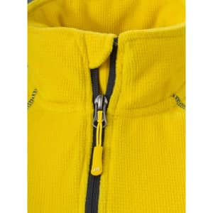 A bright yellow fleece jacket featuring a zip closure and a logo.