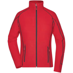 A red polar fleece jacket with a high collar, zippered front, and zippered pockets. It features contrasting seams and a logo.
