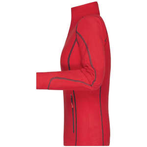 A red fleece jacket featuring a zippered pocket and a fitted design, with contrasting stitching details.