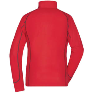 A red fleece jacket with a high collar and contrasting seams, featuring a logo on the back.
