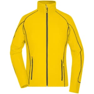 A yellow fleece jacket with a high collar, featuring contrasting stitching and a zip front. Includes a logo.