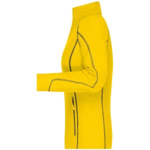 A side view of a ladies' polar fleece jacket in vibrant yellow, featuring a zippered pocket and stitching details.
