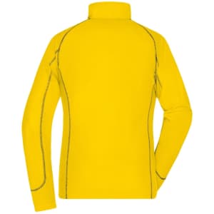 A yellow polar fleece jacket with a high collar and contrasting stitching, featuring a logo.