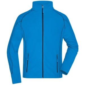 A blue polar fleece jacket with a high collar and zippered front, featuring contrasting black details and pockets.