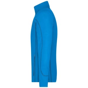 A men's polar fleece jacket in bright blue, featuring a zip pocket and a high collar. It has a branded logo.