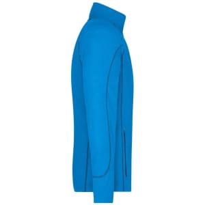 A bright blue men's polar fleece jacket with a high collar and zip pockets, featuring a logo on the side.