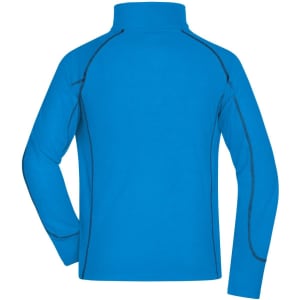 A blue men's polar fleece jacket with a high collar and contrasting stitching, featuring a logo on the back.