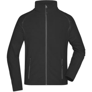 A black men's fleece jacket with a zip front, high collar, and side pockets, featuring a logo.
