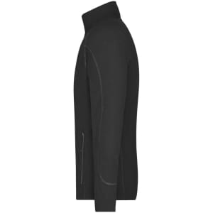 A men's structure fleece jacket in black, featuring a sleek design and a high collar. It has a logo on the sleeve.