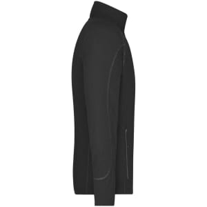 A black men's polar fleece jacket featuring a zip closure and a high collar, with a logo on the side.